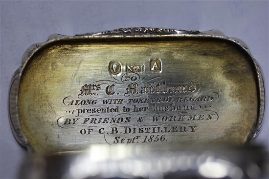 A Victorian silver shaped oval vinaigrette by Nathaniel Mills, the lid engraved with landscape scene,